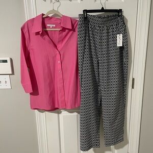 Pink Button-Up Shirt and Black Patterned Pants Set 1x